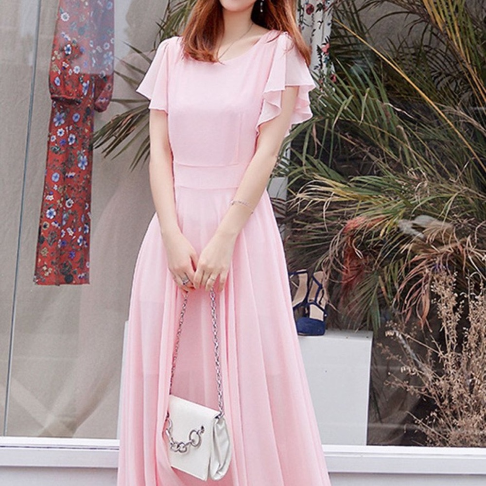 Round Neck Plain Bell Sleeves Maxi Dress